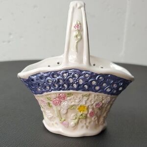 Floral Ceramic Basket with Blue Accents